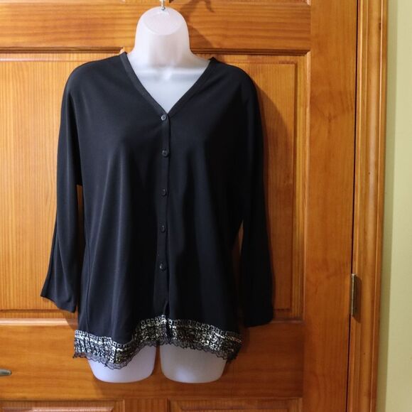 DKNY Black Cardigan with Sparkly Trim Large - Picture 2 of 14